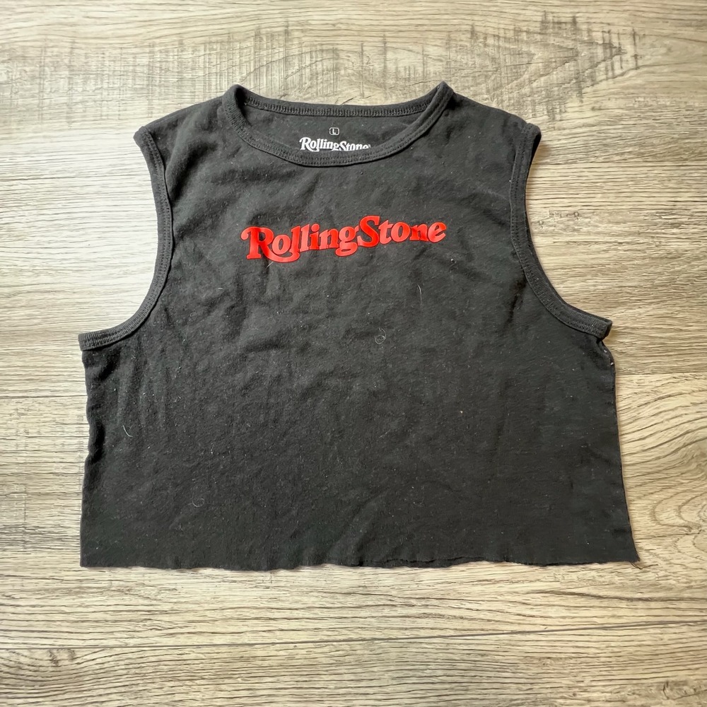 Rolling Stone Muscle Tank Womens Large Black‎ Red Logo Cropped Raw Hem Band Tee